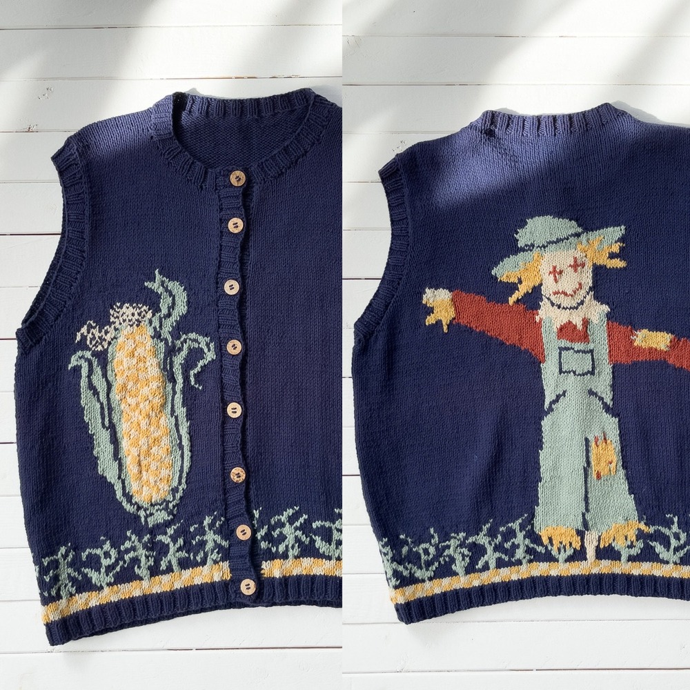 vintage sweater‎ vest navy blue corn scarecrow farm novelty embroidered vest